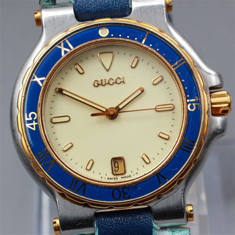 Box [MINT] Vintage GUCCI 9700M Blue Bezel Ivory Dial 10 ATM 